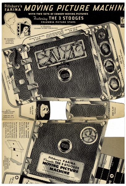 ''The 3 Stooges Moving Picture Machine'' Made by Pillsbury Farina -- Unassembled Cardboard Slide Projector Includes 49 Slides From ''False Alarms'' -- Missing Last 7 Slides, Else Very Good